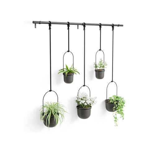 Set van 5 hangende plantenbakken met stang, zwart
