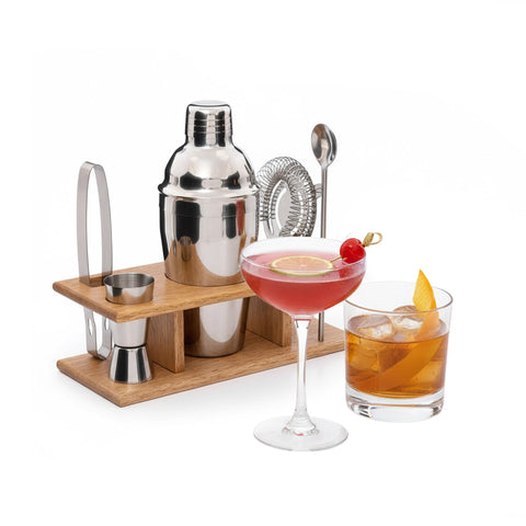 Cocktailset van 6 stuks met houten standaard – shaker en baraccessoires