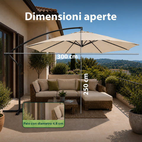 Ombrellone Rotondo Ø3m Decentrato Braccio Laterale in Acciaio, Manovella, Poliestere 180gr Impermeabile UV per Giardino e Terrazzo