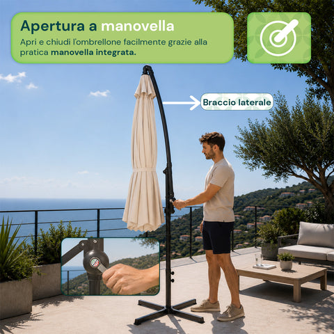 Ombrellone Rotondo Ø3m Decentrato Braccio Laterale in Acciaio, Manovella, Poliestere 180gr Impermeabile UV per Giardino e Terrazzo