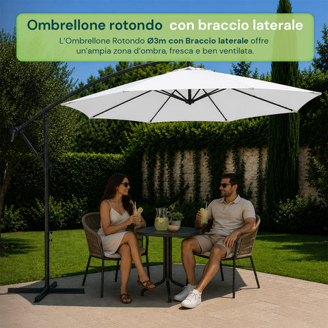 Ombrellone Rotondo Ø3m Decentrato Braccio Laterale in Acciaio, Manovella, Poliestere 180gr Impermeabile UV per Giardino e Terrazzo