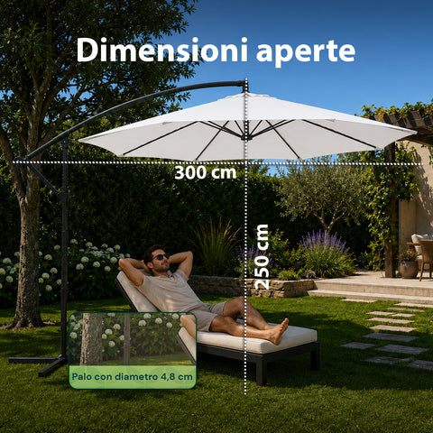 Ombrellone Rotondo Ø3m Decentrato Braccio Laterale in Acciaio, Manovella, Poliestere 180gr Impermeabile UV per Giardino e Terrazzo