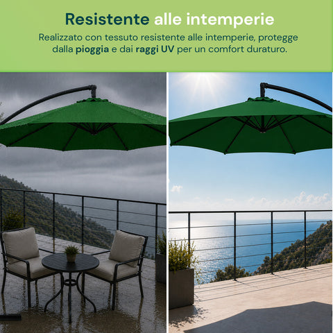 Ombrellone Rotondo Ø3m Decentrato Braccio Laterale in Acciaio, Manovella, Poliestere 180gr Impermeabile UV per Giardino e Terrazzo