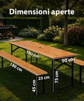 Set Tavolo e 2 Panche Pieghevoli da Giardino 120cm / 180cm in Legno con Struttura in Ferro e Foro Ombrellone 5cm – Portata Tavolo 200kg