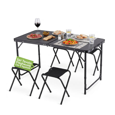 Set tavolo da campeggio con 4 sgabelli in alluminio pieghevole