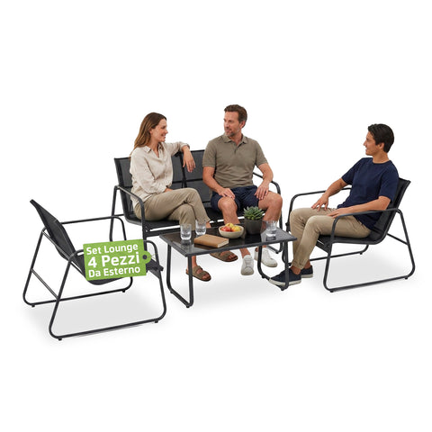 Lounge set voor buiten, 4-delig – Tuinset met 2 stoelen, loveseat en bijzettafel – IJzeren frame en zitting van textilene – Draagvermogen 240 kg/120 kg