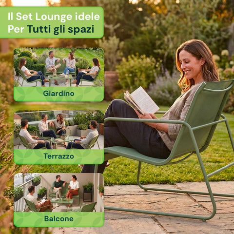 Set Lounge da Esterno 4 Pezzi – Salotto da Giardino con 2 Sedie, Divanetto e Tavolino – Struttura in Ferro e Seduta in Textilene – Portata 240kg/120kg