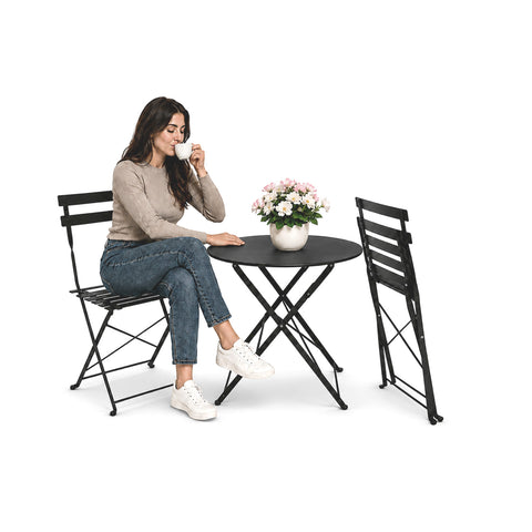 Opvouwbare tuinset met tafel en 2 ijzeren stoelen – Ronde tafel ø 60 cm en 2 ruimtebesparende stoelen – Draagvermogen 150 kg/100 kg