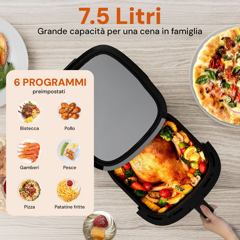 Friggitrice ad Aria 7,5L 1600W con Pannello LED e 6 Programmi Automatici