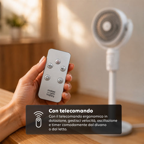 Ventilatore a Piantana Ricaricabile – 3 Altezze, Telecomando e Aromaterapia