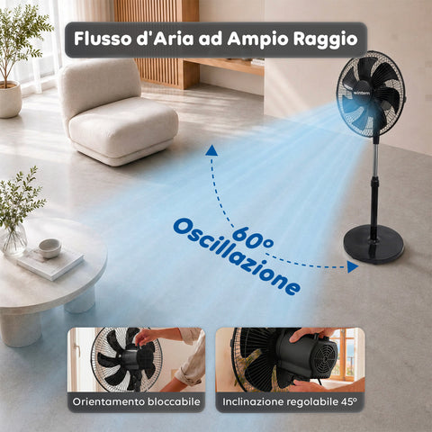 Ventilatore a Piantana 40W con 7 Pale in PP, 3 Velocità, Altezza Regolabile 80-100cm – Oscillazione Orizzontale 60° e Inclinazione 45°