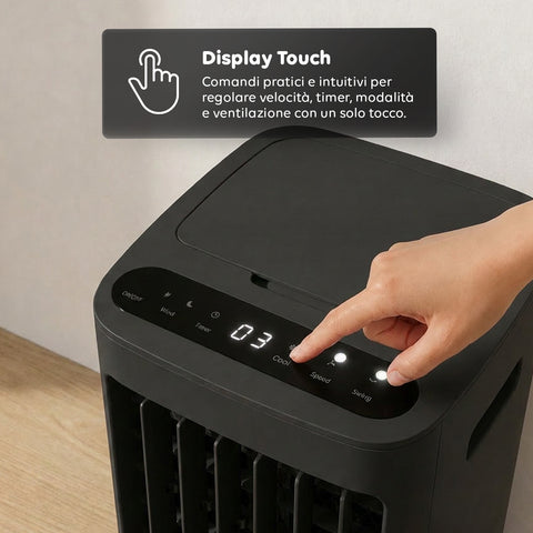 Raffrescatore Evaporativo 8,5L con Telecomando – Display LED Touch, 3 Velocità, Timer 7h e 80W