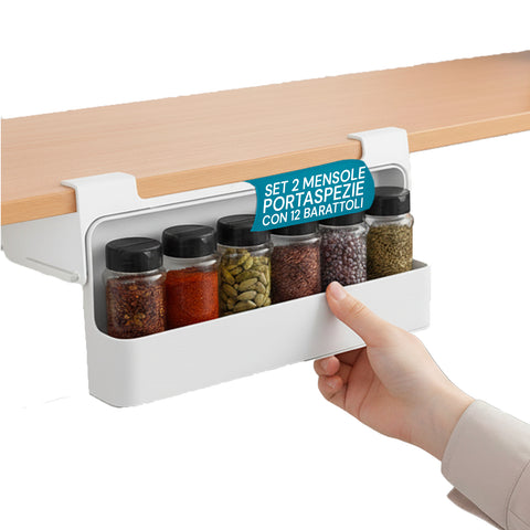 Keukenorganizer voor kruiden – set van 2 planken met 6 inbegrepen glazen potjes