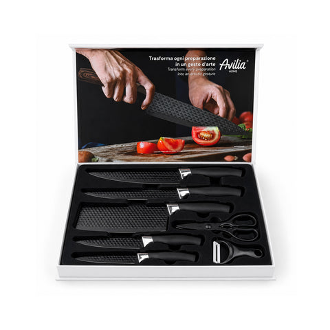 Set Coltelli da Cucina 6 Pezzi in Acciaio Inox con Motivo a Diamante, Completo di: Coltello da Chef, Trancio, Multiuso, Mannaia, Forbici e Pelapatate
