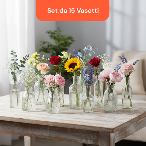 Set 15 Vasetti in Vetro Trasparente per Fiori e Centrotavola Varie Forme e Misure