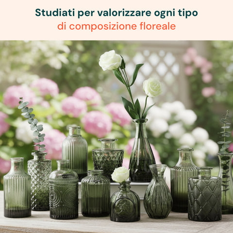Set 12 Vasi Decorativi in Vetro con Forme e Misure Assortite per Fiori e Centrotavola