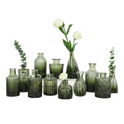 Set van 12 decoratieve glazen vazen met verschillende vormen en maten voor bloemen en tafelstukken