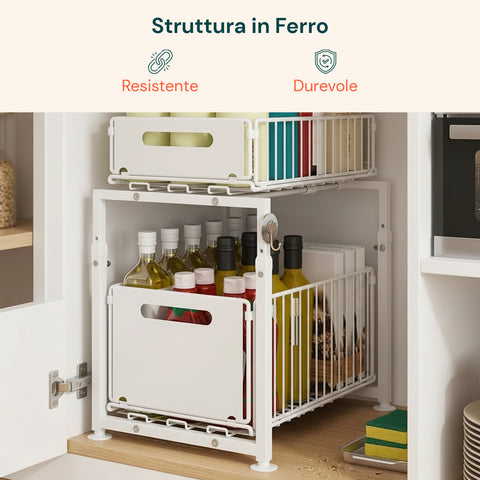 Organizer Salvaspazio in Metallo con 2 Cassetti Scorrevoli e Altezza Regolabile