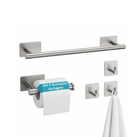 Set van 5 zwarte, zelfklevende badkameraccessoires van roestvrij staal, draagvermogen 2,5 kg – inclusief toiletrolhouder en handdoekhaken