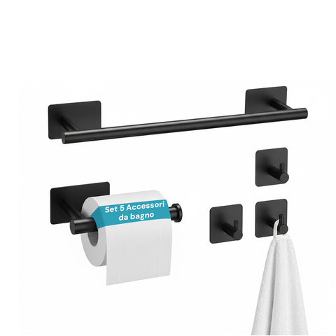 Set van 5 zwarte, zelfklevende badkameraccessoires van roestvrij staal, draagvermogen 2,5 kg – inclusief toiletrolhouder en handdoekhaken