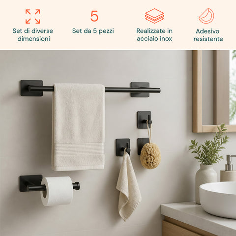 Set van 5 zwarte, zelfklevende badkameraccessoires van roestvrij staal, draagvermogen 2,5 kg – inclusief toiletrolhouder en handdoekhaken