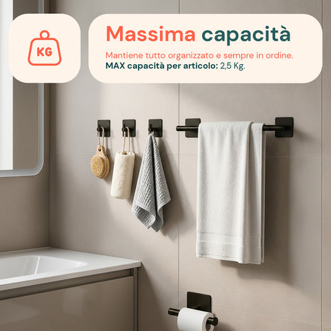 Set van 5 zwarte, zelfklevende badkameraccessoires van roestvrij staal, draagvermogen 2,5 kg – inclusief toiletrolhouder en handdoekhaken