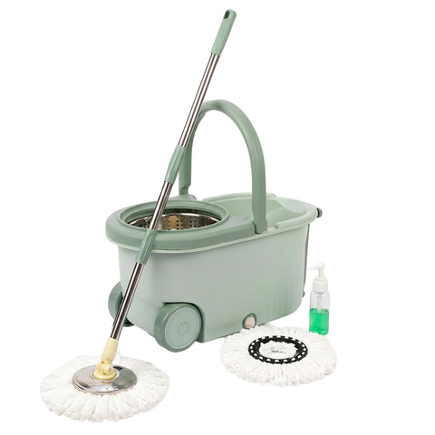 Kit Mocio Rotante 360° con Secchio 14L - 46x27x22cm e Centrifuga in Acciaio – Include 2 Testine in Microfibra, Dosatore Sapone e Asta Telescopica – Set Lavapavimenti Universale con Ruote e Scarico