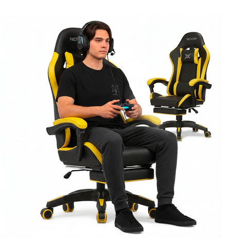 Ergonomische verstelbare gamingstoel met uitschuifbare voetensteun, lendenkussen en hoofdsteun
