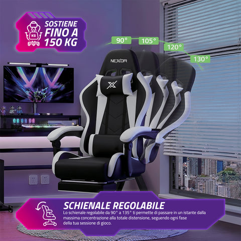 Ergonomische verstelbare gamingstoel met uitschuifbare voetensteun, lendenkussen en hoofdsteun