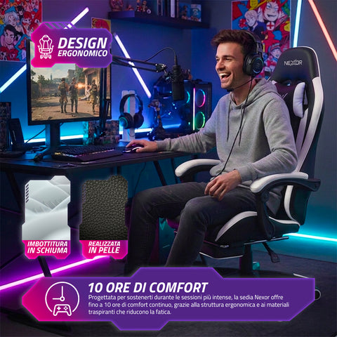 Ergonomische verstelbare gamingstoel met uitschuifbare voetensteun, lendenkussen en hoofdsteun