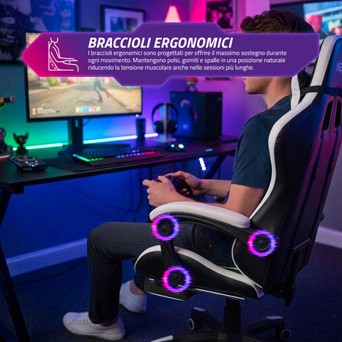 Ergonomische verstelbare gamingstoel met uitschuifbare voetensteun, lendenkussen en hoofdsteun