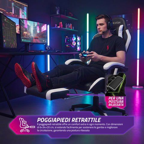 Ergonomische verstelbare gamingstoel met uitschuifbare voetensteun, lendenkussen en hoofdsteun