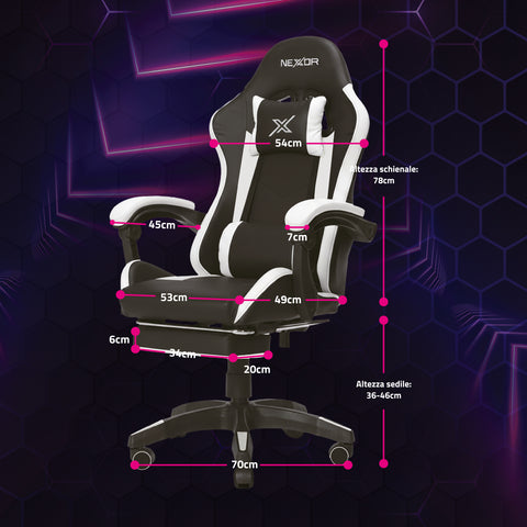 Ergonomische verstelbare gamingstoel met uitschuifbare voetensteun, lendenkussen en hoofdsteun