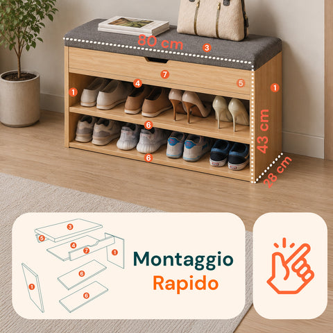 Scarpiera in MDF con Seduta Ribaltabile in Lino Imbottita e 2 Ripiani Salvaspazio