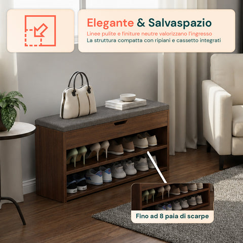 Scarpiera in MDF con Seduta Ribaltabile in Lino Imbottita e 2 Ripiani Salvaspazio