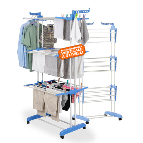 Verticale wasdroger met 3 niveaus van ijzer en PP, uitschuifbaar en met zwenkwielen – L105xD64xH173 cm, draagvermogen 20 kg
