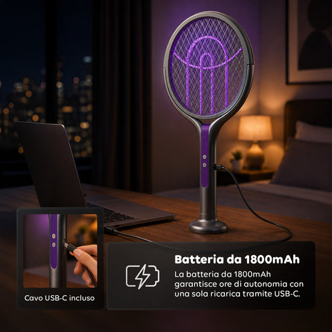 Racchetta Elettrica Zanzare 2-in-1 – Manico Telescopico Estensibile 79-106cm e Testa Rotante 90° – Griglia 4000V a 5 Strati, Luce UV 365nm e Batteria 1800mAh USB-C – Sterminatore Insetti Soffitto