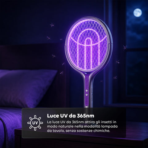 Racchetta Elettrica Zanzare 2-in-1 – Manico Telescopico Estensibile 79-106cm e Testa Rotante 90° – Griglia 4000V a 5 Strati, Luce UV 365nm e Batteria 1800mAh USB-C – Sterminatore Insetti Soffitto