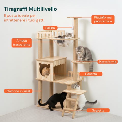 Albero Tiragraffi per Gatti Multilivello con Cuccia e Amaca H135cm