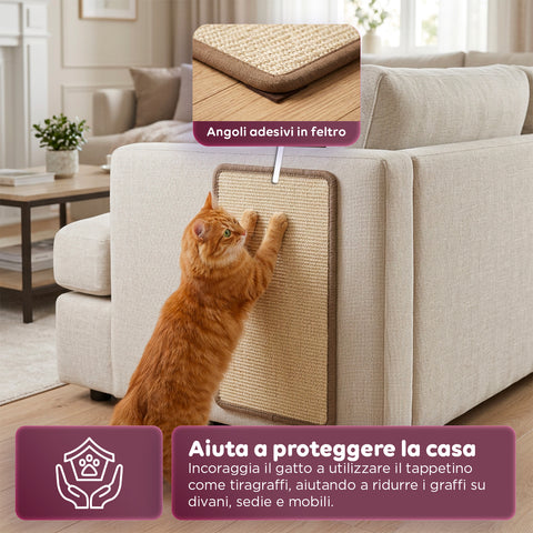 Tappeto Tiragraffi per Gatti 50x30cm in Sisal Naturale e Cotone PP – Fondo Antiscivolo in Lattice con Adesivi