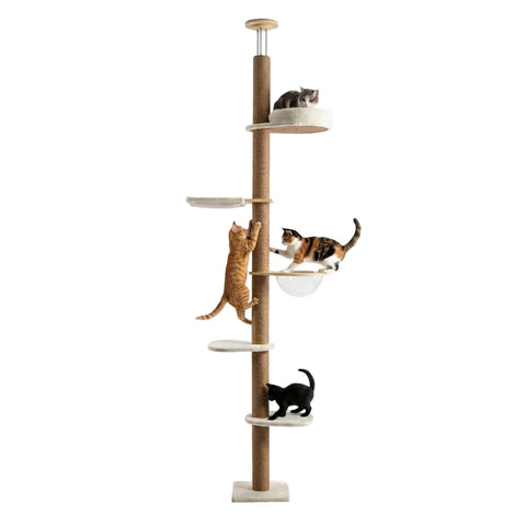 Albero Tiragraffi a Soffitto Regolabile 260-300 cm in Legno e Juta con Amaca a Cupola, Cuccia e Piattaforme