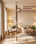 Albero Tiragraffi a Soffitto Regolabile 260-300 cm in Legno e Juta con Amaca a Cupola, Cuccia e Piattaforme