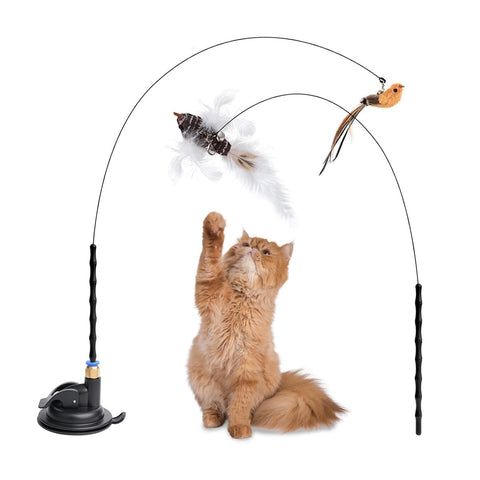 Set van 2 interactieve stimulerende kattenspeeltjes met vogeltje en veren