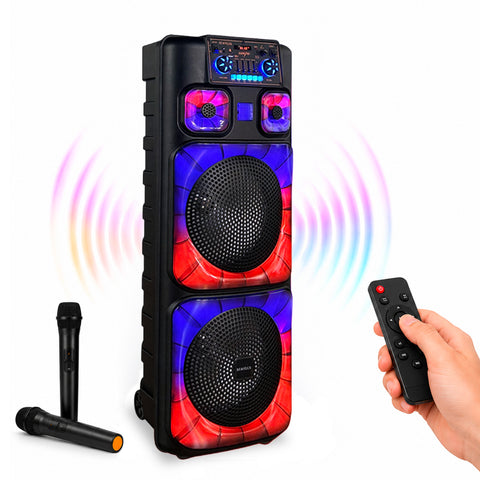 Bluetoothkaraokeluidspreker XL 90 cm 800 W met RGB-ledverlichting en 2 draadloze microfoons inbegrepen