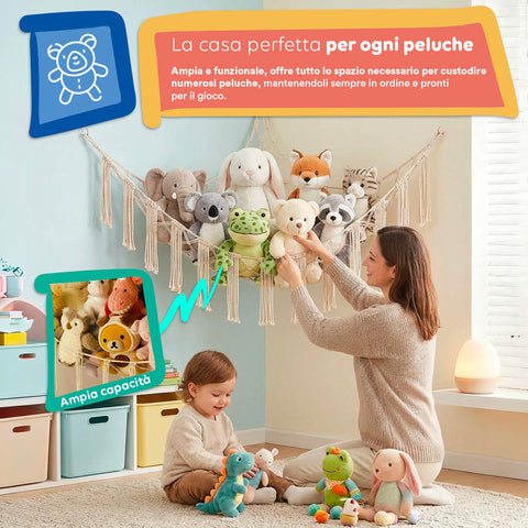 Amaca Angolare a Rete in Cotone Naturale per Peluche e Giocattoli - 105x140x105 cm e Kit Montaggio Incluso