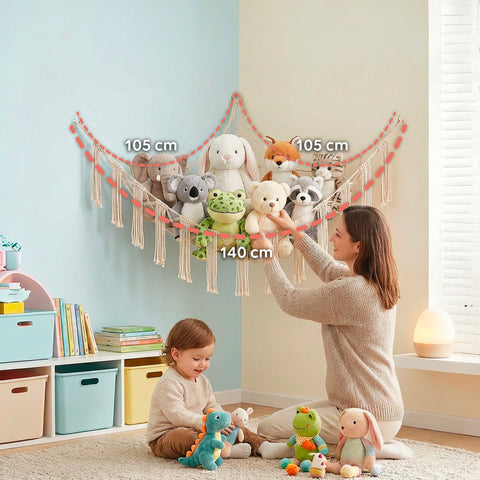 Amaca Angolare a Rete in Cotone Naturale per Peluche e Giocattoli - 105x140x105 cm e Kit Montaggio Incluso
