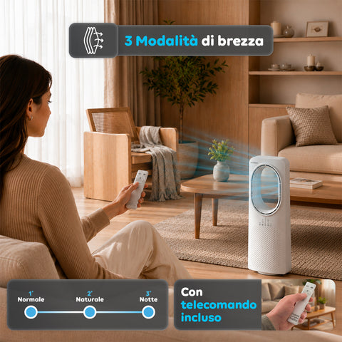 Ventilatore Senza Pale 50W Compatto con Telecomando e Spegnimento Automatico