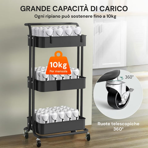 Carrello Salvaspazio Multiuso con 4 Ruote Piroettanti e 3 Ripiani 40x30x8cm