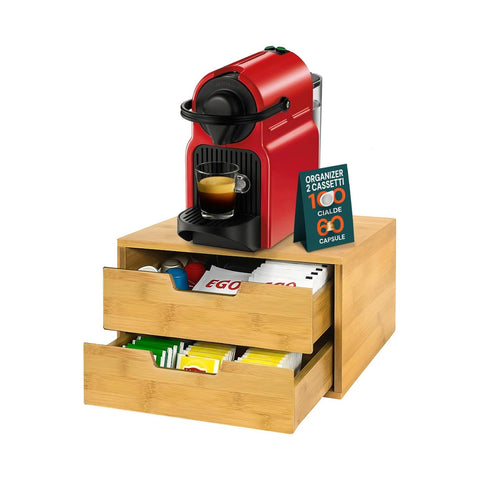 Bamboehouder voor koffiecapsules en -pads met 2 multifunctionele ruimtebesparende laden