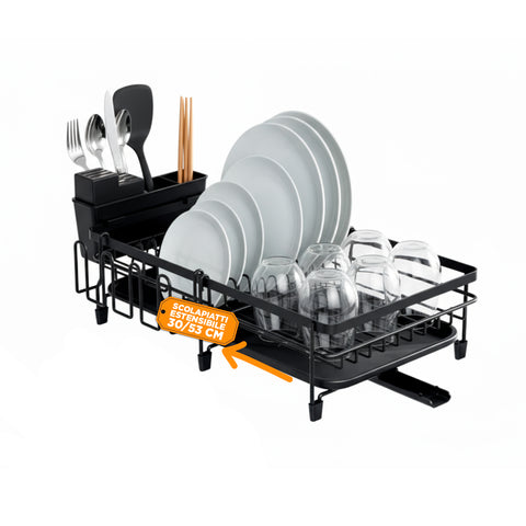 Modulair ruimtebesparend afdruiprek met uitschuifbaar bestekbakje, 30/53 cm